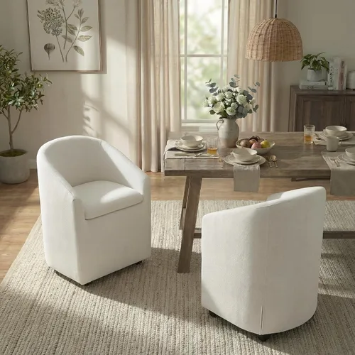 KISLOT Sillas de comedor tapizadas con ruedas, funda lavable, sillas de comedor modernas con respaldo de barril y reposabrazos dobles para cocina,