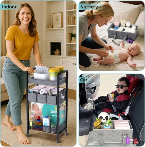 Miniatura 4 de Organizador de Pañales para Bebé 2 en 1 - Carrito de Almacenamiento Rodante de 3 Niveles con Divisores - Carrito de Pañales de Cabecera para Negro