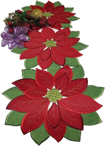 Camino de mesa de flores de Pascua bordadas de Navidad rojo y verde para decoración de mesa de Navidad en el hogar, cena, Navidad, 14 x 36 pulgadas