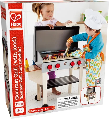 Miniatura 2 de Hape, Parrilla para barbacoa de juguete con set de comida de juguete para cocinar brochetas de madera con accesorios