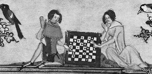 Jugadores de ajedrez C1340 Na Man And A Woman Playing Chess Detail Of An Illumination By Jehan De Grise In The Romance Of Alexander C1340 Póster