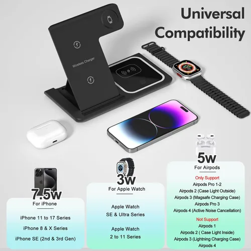 Miniatura 2 de Estación de carga inalámbrica 3 en 1, soporte de cargador inalámbrico para iPhone 17 16 15 14 Pro Max 13 12 11, base de carga para AirPods 4 3 2