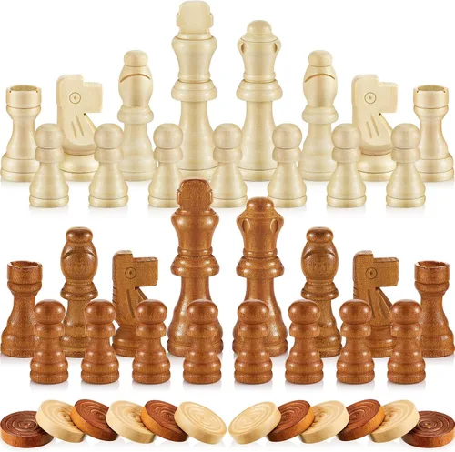 Sumind Juego de 80 piezas de ajedrez de madera 2 en 1 hecho a mano con bolsa de almacenamiento con cordón, juego de ajedrez de madera, accesorios
