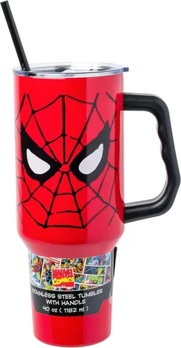 Miniatura 17 de Silver Buffalo Marvel Avengers - Vaso de acero inoxidable con asa, popote y tapa de pajilla, diseño de Iron Man, Capitán América, Blue Beetle, Thor