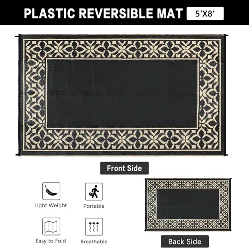 Miniatura 4 de PureCozy Alfombra de paja de plástico para exteriores, color negro, beige, grande, impermeable, para patio, 5 x 8 pulgadas, geométrica, reversible