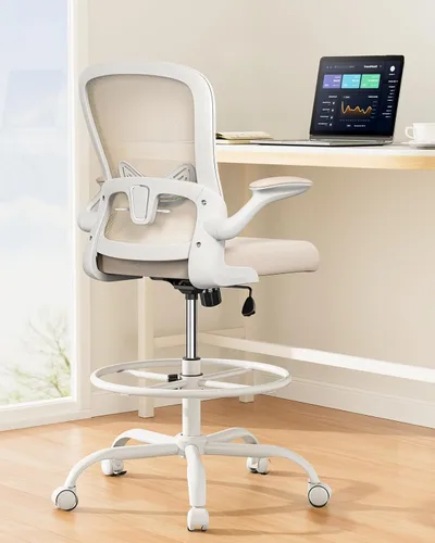 Miniatura 20 de ErGear Silla de dibujo, silla de escritorio de pie con reposabrazos abatibles, silla de escritorio alta altura ajustable, silla de oficina alta Negro