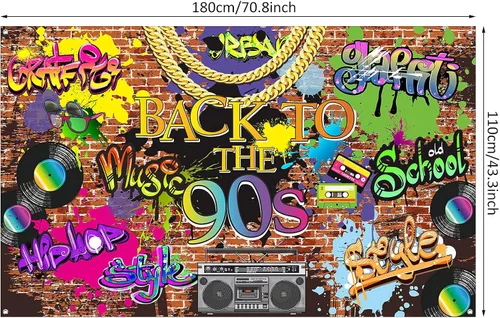 Miniatura 2 de Telón de fondo de los años 90 para decoraciones de fiesta, pancarta de graffiti de hip hop, decoración de fiesta temática de regreso a los 90, pared