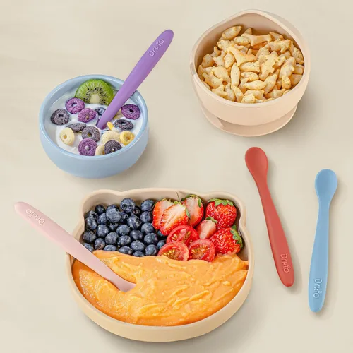 Miniatura 7 de DRKIO Cucharas de silicona para bebés de 8 piezas, cucharas para bebés, primera etapa, autoalimentación, suministros de destete para bebés