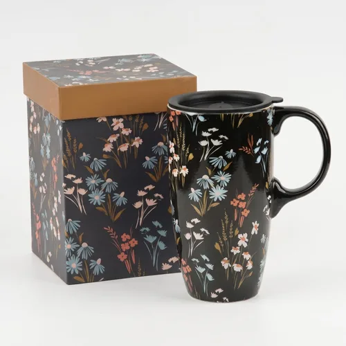 Miniatura 11 de Taza de café de cerámica de 17 onzas con tapa y caja de regalo, taza de té de porcelana floral abstracta moderna, apta para microondas y Colorido