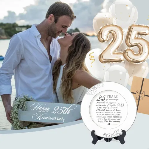 Miniatura 4 de Urllinz Plato del 25º Aniversario con Lámina de Platino - Plata 25 Años Aniversario de Matrimonio Regalos de Boda para Pareja Ella Él Esposo Esposa