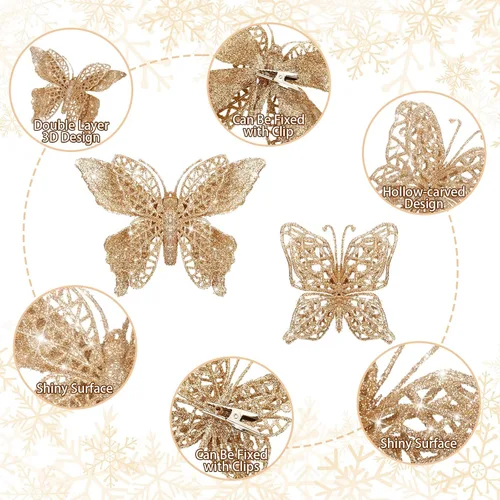 Miniatura 3 de Liliful 32 piezas de adorno de mariposa de purpurina navideña con clip, mariposa hueca, decoración de Navidad artificial, adorno colgante con clip