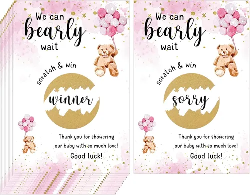 Miniatura 10 de Affrolling 100 tarjetas para raspar con diseño de oso para baby shower, para invitados, We Can Bearly Wait, agradecimiento, revelación de género