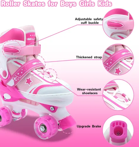 Miniatura 4 de Kids Roller Skates for Boys Girls, 4 Size Adjustable Kids Rollerskates with Light Up Wheels Roller Skates for Boys Girls Ages 5-8 8-12 Rosa