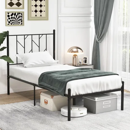 Miniatura 3 de Giantex Base de cama de metal negro individual con cabecera de estilo victoriano, marco de cama de plataforma de 12.5 pulgadas con soporte de 14