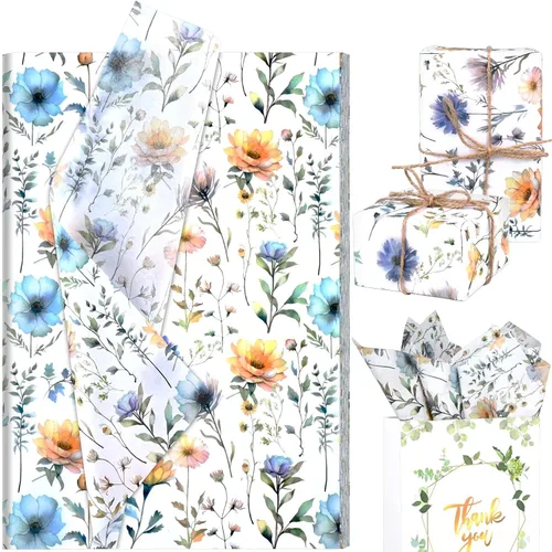 100 hojas de papel de seda de flores silvestres de 20 x 14 pulgadas, papel de seda floral azul para envolver regalos, pañuelos decorativos vintage