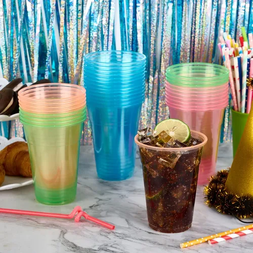Miniatura 6 de Lilymicky 100 unidades de vasos de plástico de 16 onzas, vasos de fiesta de neón brillante, colores neón surtidos para fiestas, carnavales