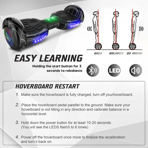 Miniatura 5 de Hoverboard con patrón de araña para niños de 6 a 12 años, con altavoz Bluetooth y luces LED, tabla deslizante de 6.5 pulgadas, certificado de Negro