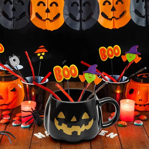 Miniatura 7 de Taza de calabaza negra de Halloween de 12 onzas, taza de café de cerámica Jack O'Lantern con cara dorada, regalos espeluznantes y lindos