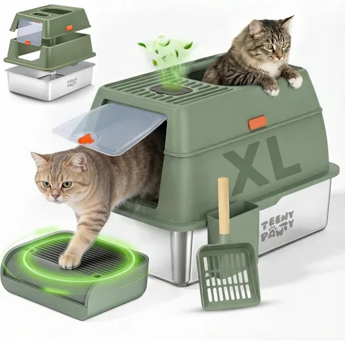 Miniatura 11 de Caja de arena XL de acero inoxidable para gatos con recinto y recogedor de excrementos, caja de arena duradera de metal negro para gatos grandes
