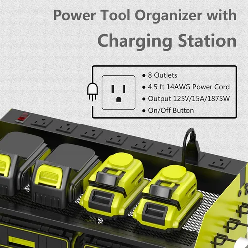 Miniatura 2 de Estante de almacenamiento de taladro de montaje en pared con estación de carga, organizador de herramientas eléctricas, soporte para taladros