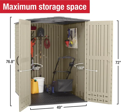 Miniatura 4 de Rubbermaid - Cobertizo grande vertical de resina para exteriores con piso (6.2 x 4.6 pies), resistente a la intemperie, beige/marrón, para organizar