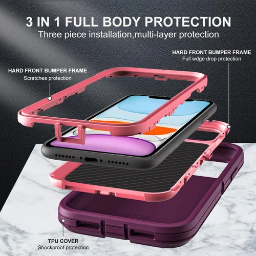Miniatura 4 de YKHJKLEC Funda para iPhone 11, Grado Militar 3 en 1 Resistente de Servicio Pesado a Prueba de Golpes/Caídas/Polvo con 2 Protectores de Pantalla