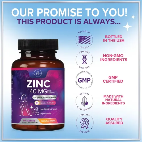 Miniatura 4 de Suplementos de zinc de 40 mg – Apoyo inmunológico de alta potencia y suplemento antioxidante – El mejor suplemento de zinc para la salud de la piel