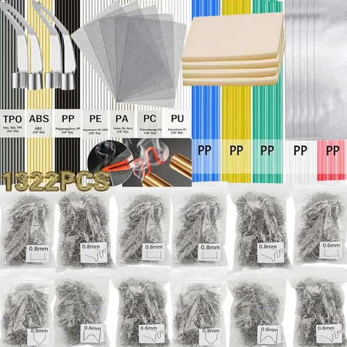 Kit de soldadura de plástico de 1322 piezas, 106 varillas de soldadura, 1200 grapas de soldador, 2 cabezas lisas, 5 mallas de refuerzo, 5 cintas de