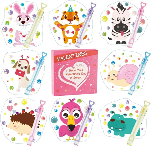Miniatura 8 de Cartas de San Valentín para niños – 32 mini varitas de burbujas + 32 cartas de San Valentín para niños, 8 lindos diseños de animales