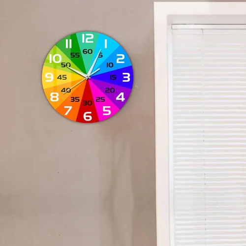 Miniatura 5 de Reloj de pared educativo con ruedas de color arcoíris de 15 pulgadas, para enseñar la hora y aprender a decir la hora, silencioso, sin tictac