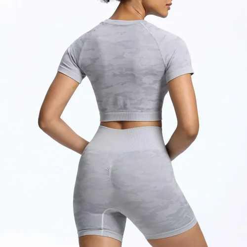 Miniatura 6 de Aoxjox Traje de yoga para mujer, sin costuras, 2 piezas, entrenamiento, gimnasio, adaptado, pantalones cortos de cintura alta con brasier deportivo