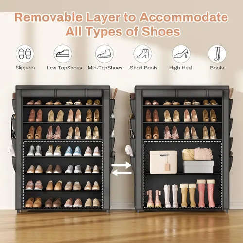 Miniatura 6 de VTRIN Zapatero con tapa, organizador de zapatos de 7 niveles para 35-40 pares de zapatos y botas, estante alto de gran capacidad con 8 bolsillos