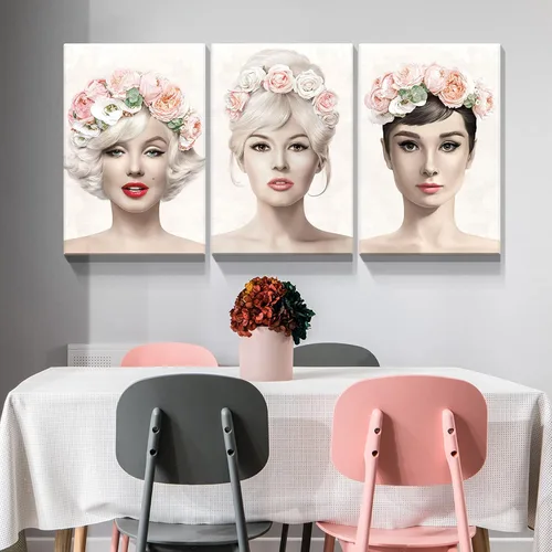 Miniatura 4 de Denozer Arte de pared en lienzo de 3 paneles con retrato de belleza de Marilyn Monroe, Audrey Hepburn y Brigitte Bardot, impresiones de cuadros