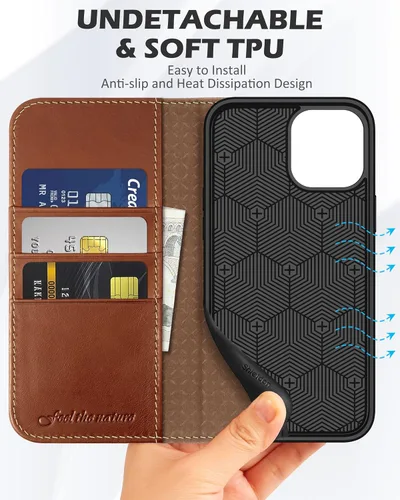 Miniatura 8 de SHIELDON Funda tipo cartera para iPhone 12 5G, de piel auténtica, con absorción de golpes, bloqueo RFID, tarjetero y soporte compatible con iPhone