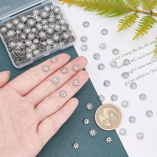 Miniatura 3 de UNICRAFTALE Acerca de 300 tapas de cuentas de flores multipétalos de 0.276 in de acero inoxidable, tapas espaciadoras huecas de metal para pulseras