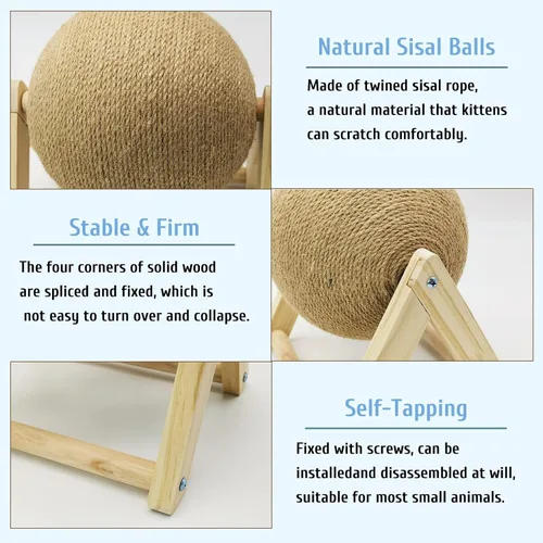 Miniatura 5 de Fhiny Juguete rascador de conejo, bola rascador de sisal de madera maciza natural para gatitos de interior, bola rascador de garras para gatitos