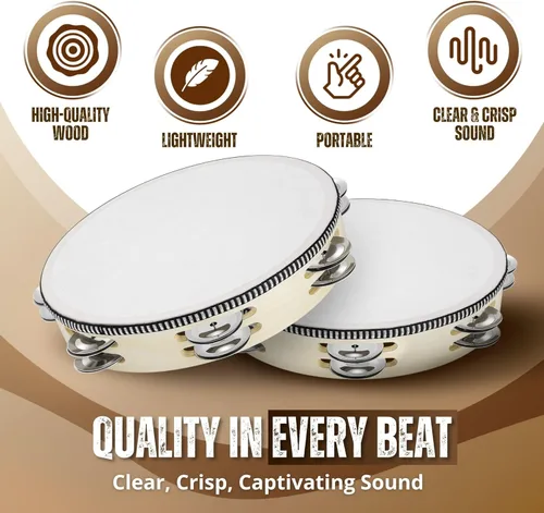 Miniatura 3 de Flexzion Pandereta redonda de madera para niños y adultos de 8" pulgadas, 8 pares de jingles de fila única, instrumento de percusión de mano de Una