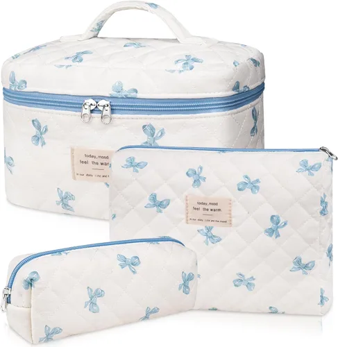 Miniatura 24 de Set de bolsas de maquillaje, bolsa de maquillaje acolchada, bolsa de cosméticos floral grande para mujeres, lindas bolsas de maquillaje de algodón