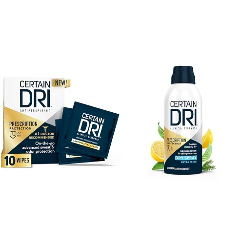 Certain Dri Toallitas antitranspirantes y spray de fuerza recetada para sudoración excesiva, toallitas de 10 unidades y spray de 4.2 onzas