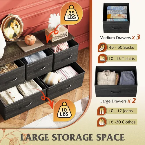 Miniatura 5 de WLIVE Cómoda para dormitorio con 5 cajones, cómoda ancha, cómoda de tela, unidad organizadora de almacenamiento con contenedores de tela