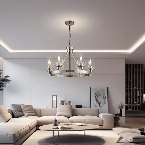 Miniatura 2 de Lanhall - Lámpara moderna de 6 luces para comedor, lámpara de techo en níquel cepillado para cocina, candelabro colgante con pantalla de vidrio