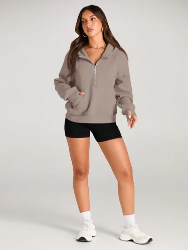 Miniatura 4 de AUTOMET Sudaderas con capucha para mujer, con media cremallera, chaquetas de vellón, tops de gran tamaño, trajes de otoño, ropa de moda de invierno
