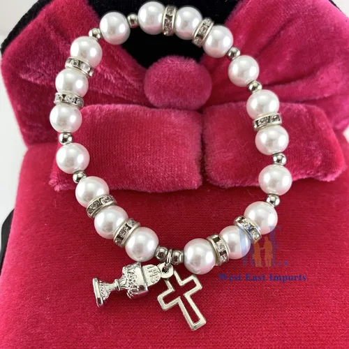 Miniatura 4 de Pulsera de perlas blancas de metal plateado con cruz de cáliz en bolsas de regalo de organza con flores y cintas/Recuerdos para Primera Comunión