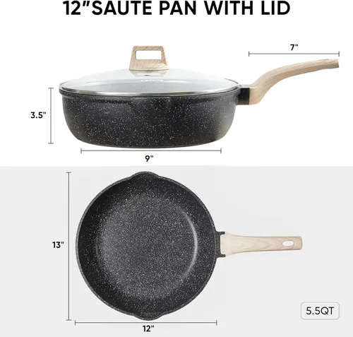 Miniatura 2 de CAROTE Sartén antiadherente de 10/12/12.5 pulgadas con tapa, sartén jumbo para saltear con orificio de vaciado, sartén para inducción, sartén