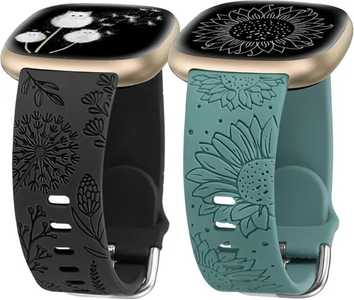 Miniatura 12 de Minyee Paquete de 2 correas grabadas florales compatibles con Fitbit Versa 4/Versa 3/Sense 2/Sense Band para mujer, lindo diseño de girasol