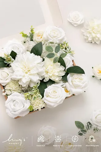 Miniatura 6 de Ling's moment Caja de Flores Falsas, Tallos de Vegetación Artificial Falsa Rosas de Espuma Dalias de Seda Hojas de Rosa Flor de Tela para Centros