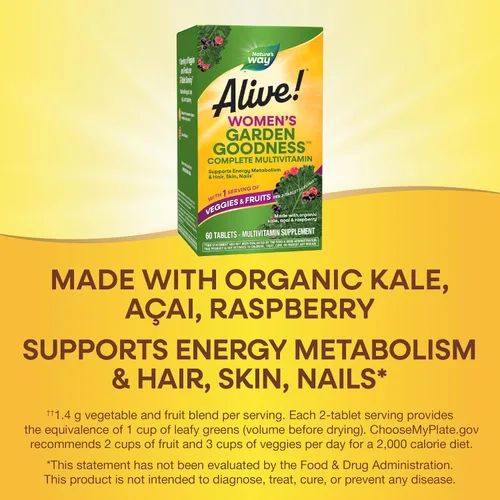 Miniatura 4 de Nature's Way Alive! Women's Garden Goodness Multivitamínico completo, 1 porción de verduras y frutas por porción de 2 tabletas, con col rizada