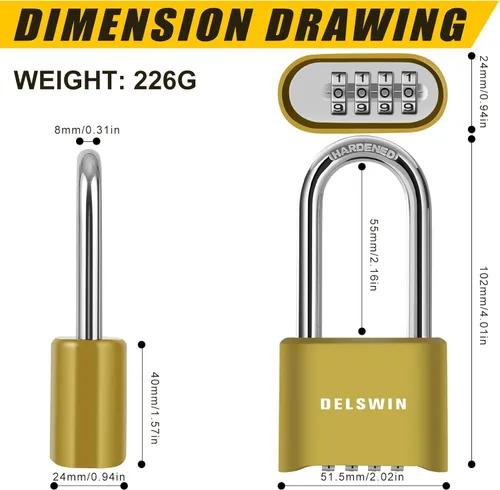 Miniatura 6 de DELSWIN Candado de combinación para exteriores, resistente a la intemperie, 4 dígitos de 2.5 pulgadas de largo, candado de combinación para puerta