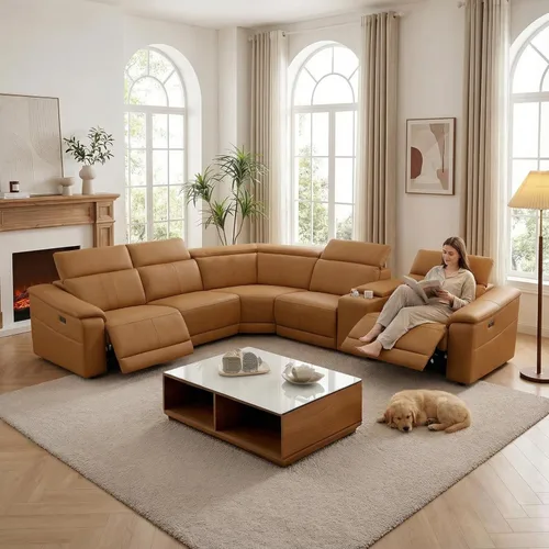 Sofá Seccional Reclinable Eléctrico, Juego de Muebles de Sala en Forma de L, Sofá de Cuero Marrón Claro, Sofá Seccional Reclinable con Consola de