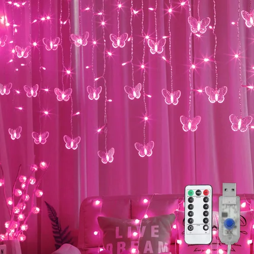 Miniatura 9 de Luces de cortina de mariposas, 13 pies, 96 luces LED USB, luces de hadas para ventana, 16 mariposas, 8 modos, luces de luciérnaga, centelleo, Blanco